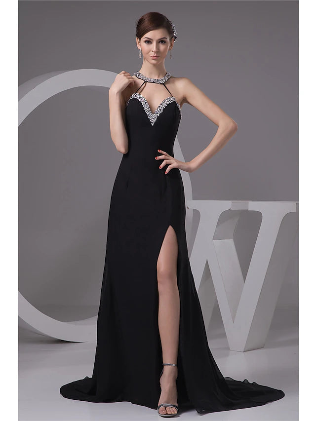 Meerjungfrau/Trompete Abendkleid Sexy Kleid Verlobung Hofschleppe Ärmellos Neckholder Chiffon mit Perlenbesatz Schlitz